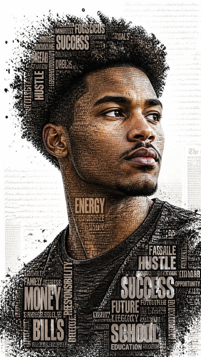 A stunning typographic portrait featuring a subject—resembling the attached photo—with a contemplati