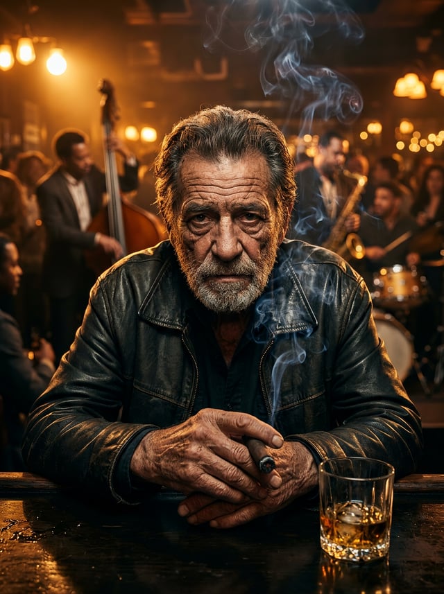An elderly, weathered musician sits at a dark bar, leaning toward the camera with folded, heavily ve
