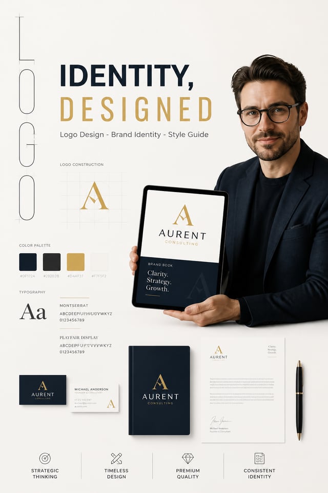 2:3 aspect ratio. Minimalist premium advertisement for business logo and branding design.Main headli