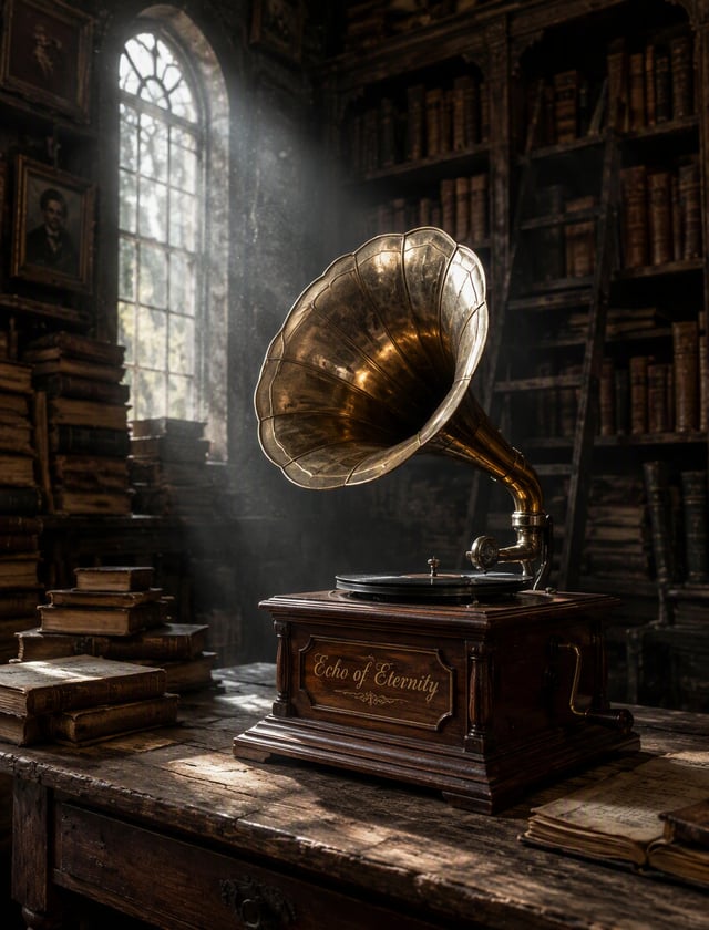 A photograph of a solitary antique gramophone resting on a weathered wooden table in a forgotten lib