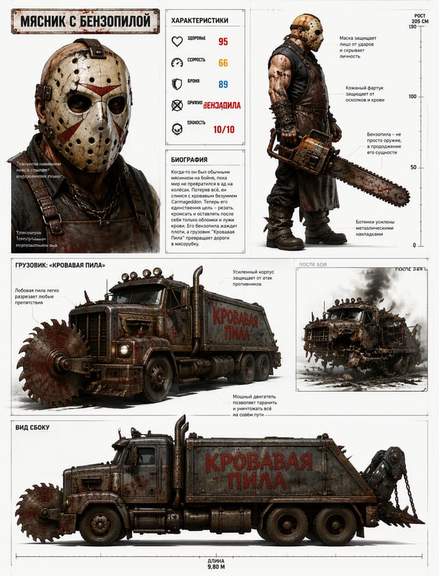 Мясник с Бензопилой / грузовик "Кровавая Пила"Character bible reference sheet for "Мясник с Бензопил