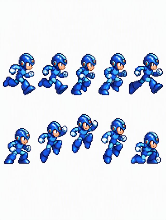 A retro 16-bit pixel-art sprite sheet presents ten blue-armored humanoid action figures arranged in 