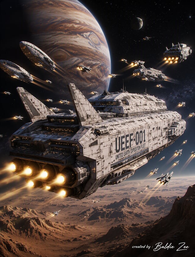 A dynamic, low-angle perspective shot capturing a massive fleet of complex sci-fi starships. The for