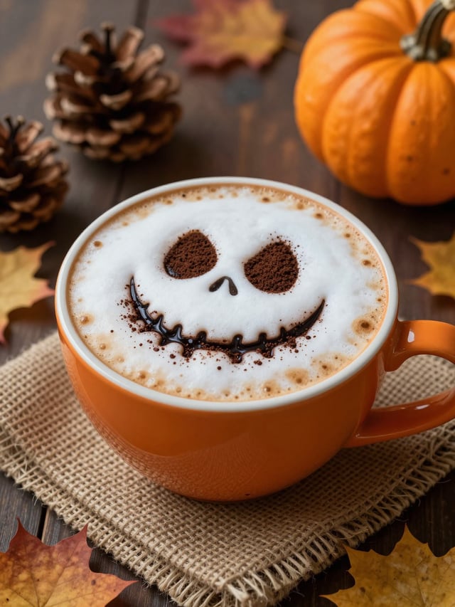 A hyper-realistic close-up of a black coffee orange cup with frothy cappuccino foam featuring a smil