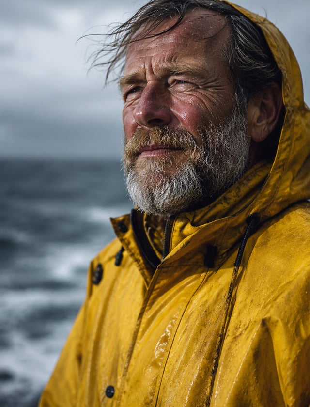 An ultra-realistic documentary portrait of a weathered lighthouse keeper in a yellow raincoat, salt 