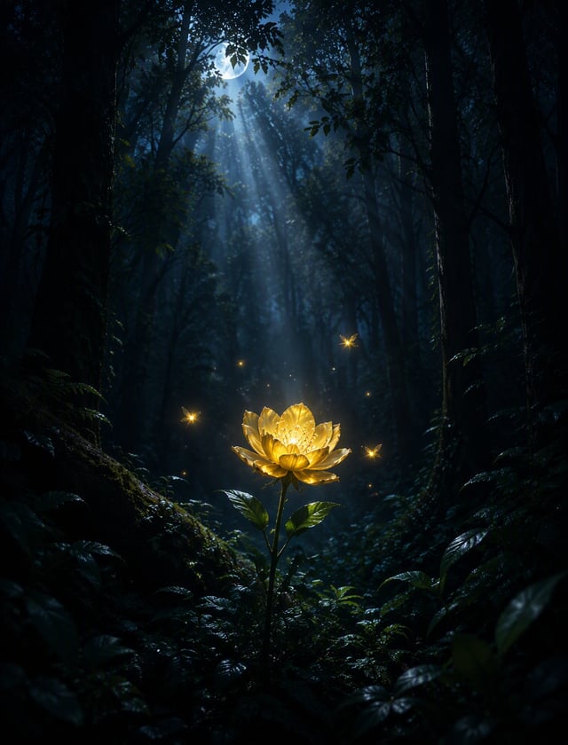 A dense forest bathed in shadows, with a single golden flower growing amidst the dark green foliage.