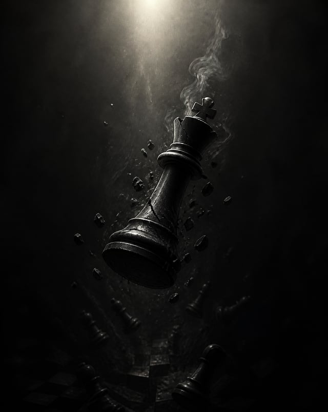 A highly detailed black chess king falling through an endless dark void, captured in the exact momen