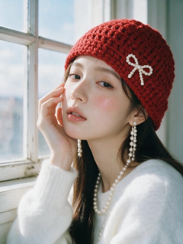 A close-up portrait of a young Taiwan idol in her early 20s with soft porcelain skin, natural textur