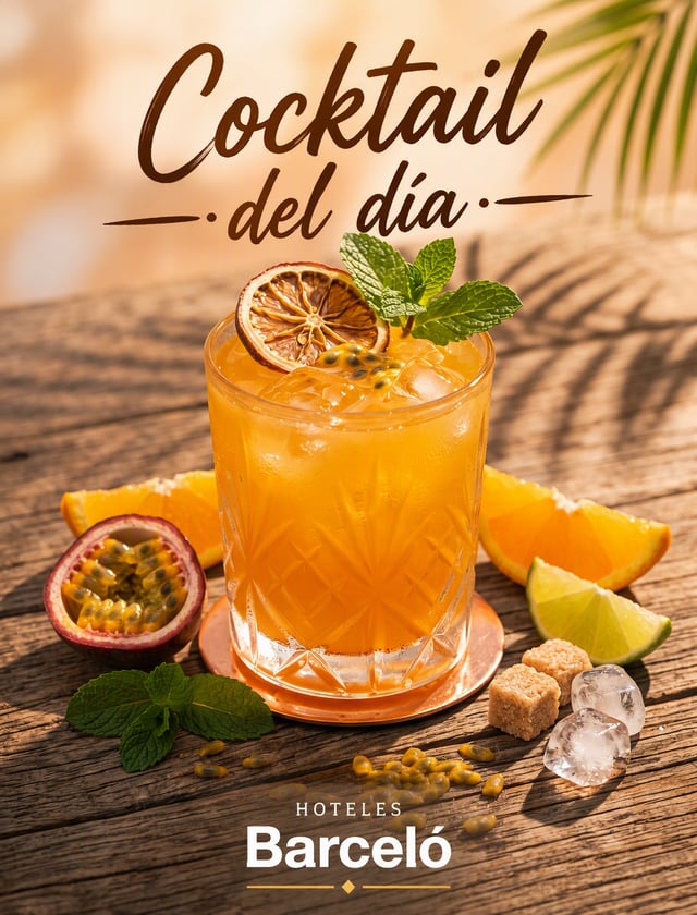 En la parte superior, “Cocktail del día”; en la parte inferior, el logo de Hoteles Barceló.
