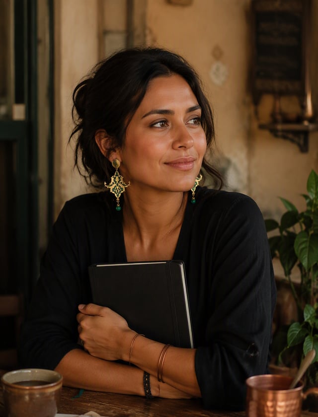 Latin American woman of ~ 27 years old, dark hair picked up in loose brown, warm brown skin, smooth 