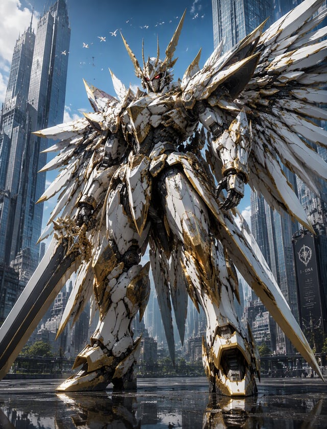 A full-body, low-angle photograph of an ultra-realistic colossal, ornate humanoid mecha, standing in