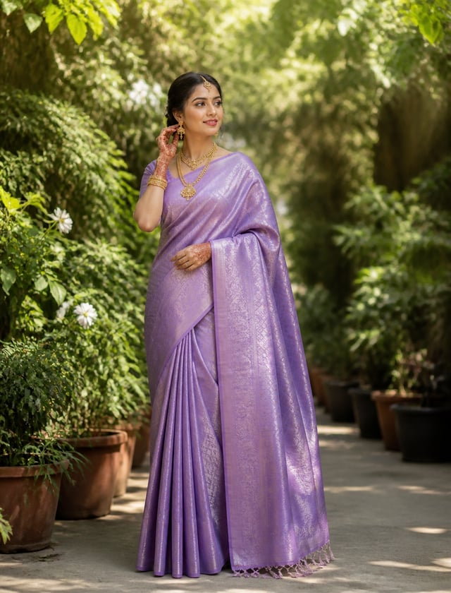 A poised South Asian woman stands among lush garden foliage, lightly touching her earring while look