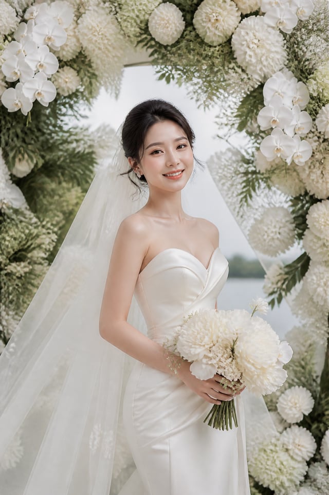 Create a vertical 3:4 mid-length luxury Chinese brides editorial portrait beneath a dramatic outdoor