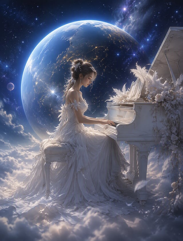 An enchanting digital painting of a woman gracefully playing a white piano, adorned with feathery or