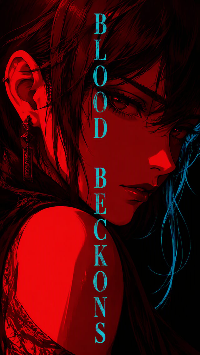 Dark anime key visual poster illustration. Extreme close-up portrait of a solemn young woman, shot a