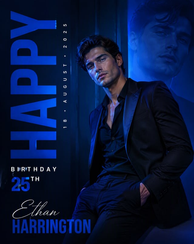 Create a premium fashion-editorial birthday poster, but change the entire visual theme to RADIANT BL