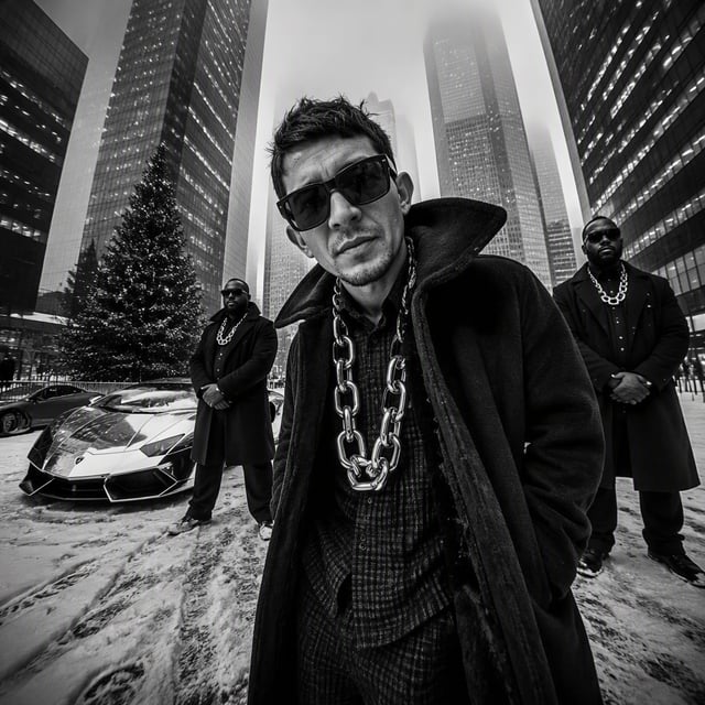 A black-and-white, high-contrast, ultra-glamorous street fashion editorial photograph taken with an 