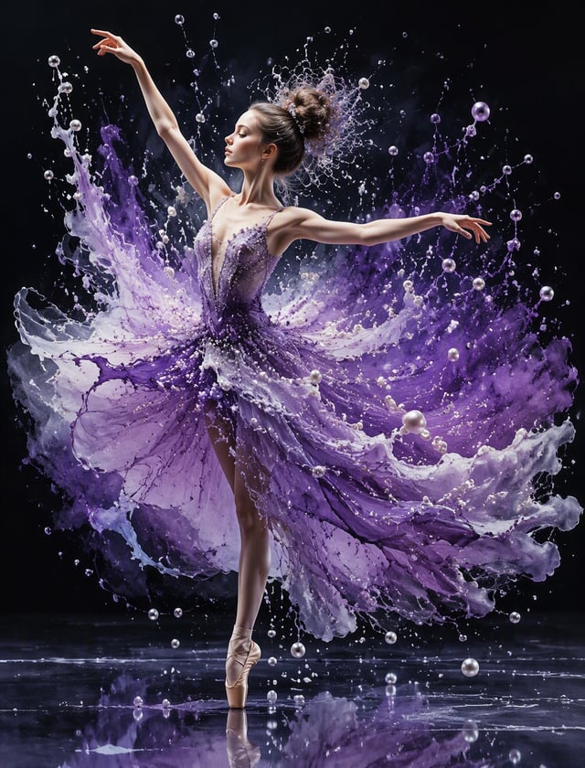 A hyper-realistic image of a beautiful young girl in a ballet pose, wearing an elaborate, vibrant pu