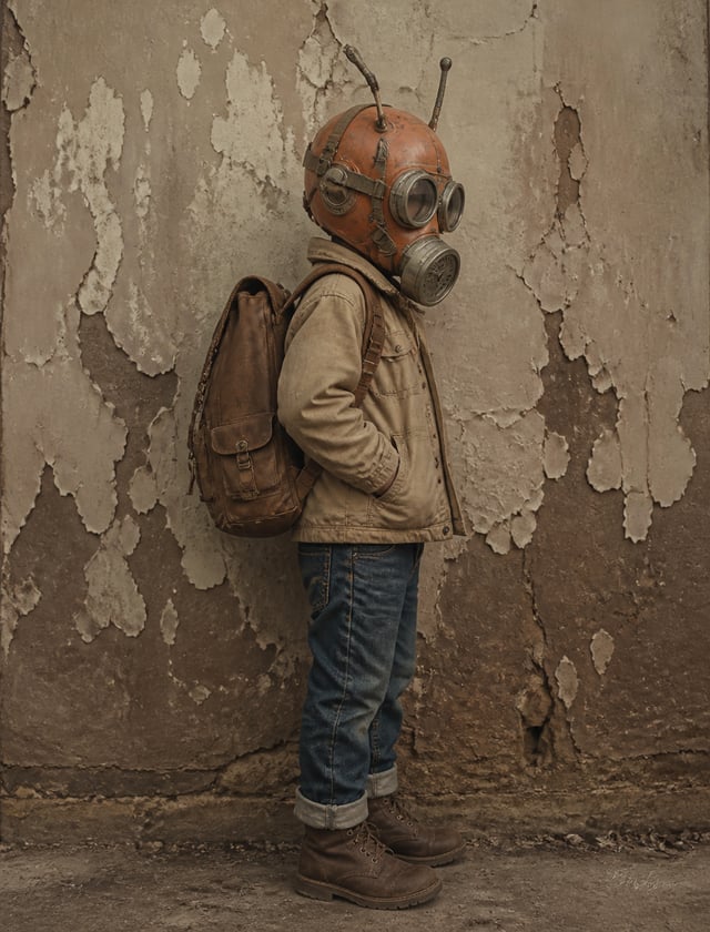 A digital photograph of a small child in a vintage orange gas mask with two antennas, standing in pr