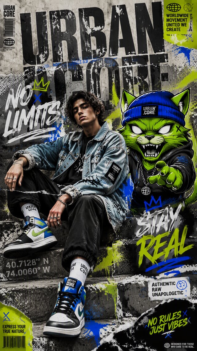 A dynamic, multi-layered mixed-media apparel advertisement poster featuring a model sitting on urban