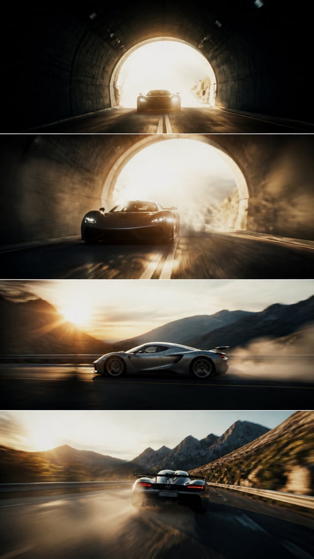 Cinematic slow motion shot: Koenigsegg Jesko Absolut launches from tunnel into bright sunlight, dust
