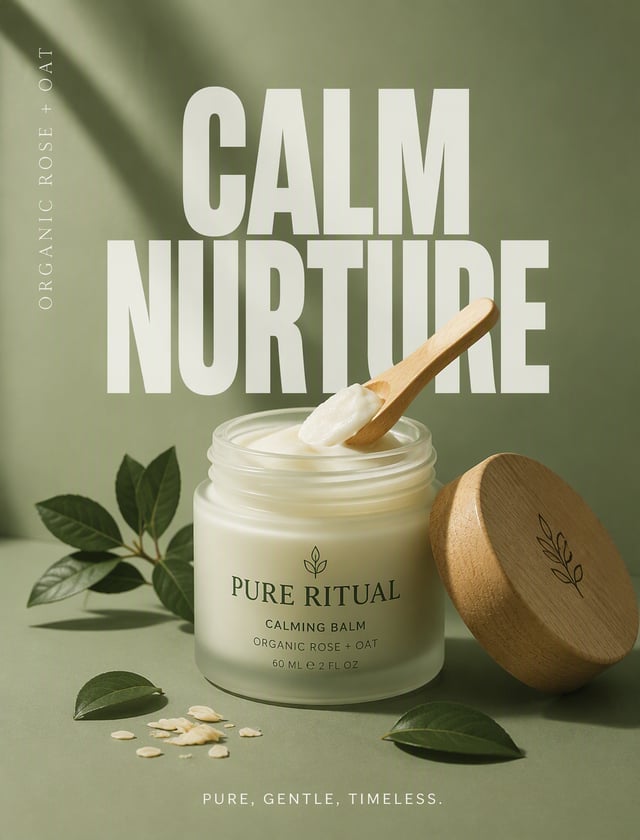 Create a premium vertical product advertising poster for a fictional sustainable beauty brand "PURE 