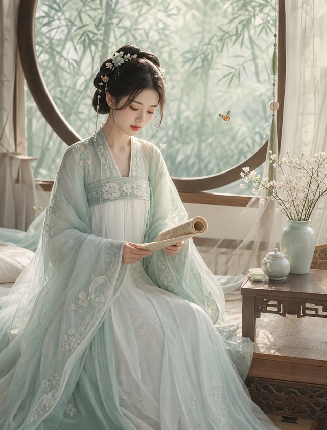 3:4 tỷ lệ dọc, ảnh chân dung mơ mộng phong cách nội thất cổ điển phương Đông, phụ nữ Hàn Quốc trưởng
