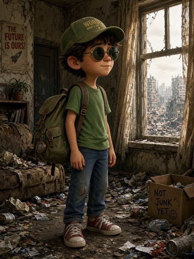 A Pixar-style animated portrait of a young, quirky boy wearing a cap, sunglasses, a green t-shirt, j