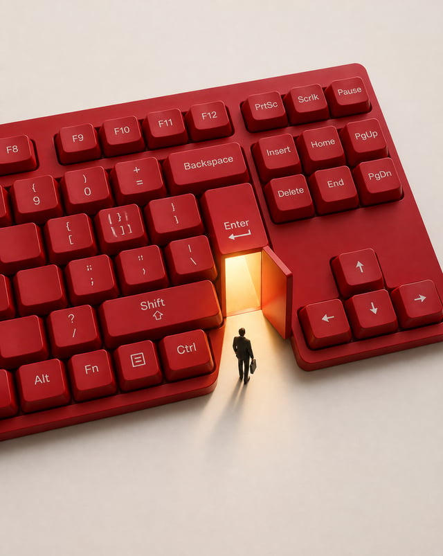 A surreal, minimalist conceptual product photograph of a red mechanical-style computer keyboard, sho