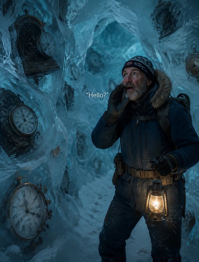 Static. Within the frozen interior of an iceberg drifting in the North Atlantic, a 60-year-old Norwe
