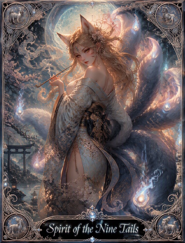 A breathtaking, hyperrealist digital illustration of an anime-inspired depiction of a KITSUNE, the e
