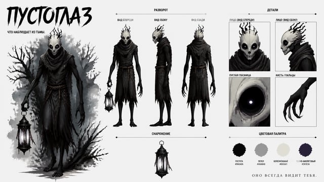 Create a premium cinematic character bible sheet for a monster named HOLLOWEYES. Use the uploaded ch