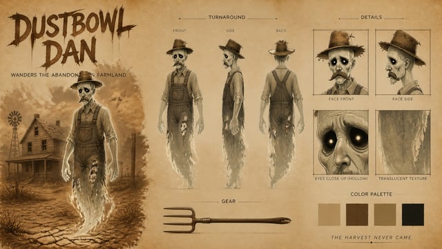 Create a premium cinematic character bible sheet for a ghost named DUSTBOWL DAN. Use the uploaded ch