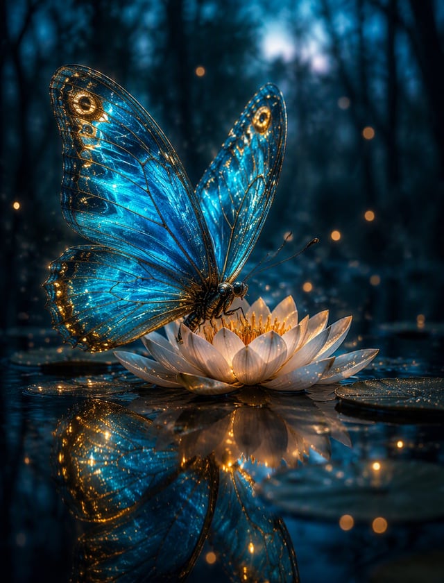 This hyper-realistic fantasy painting depicts a large dark luminous butterfly sitting gently on the 