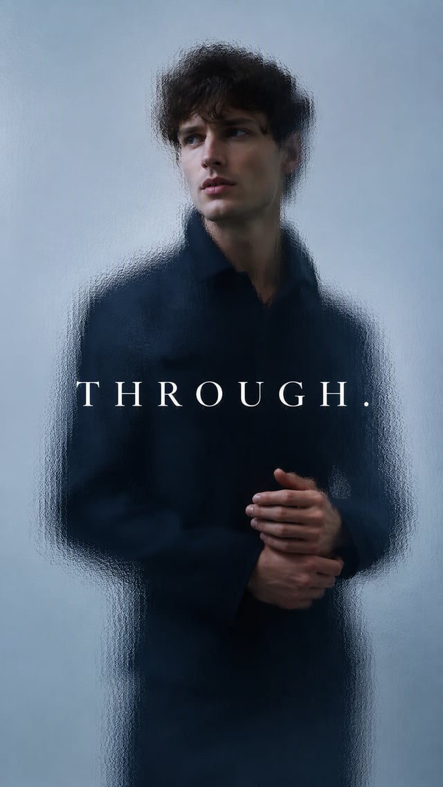 Premium editorial campaign.Main Subject: Young male model wearing a dark navy outfit.Creative Direct
