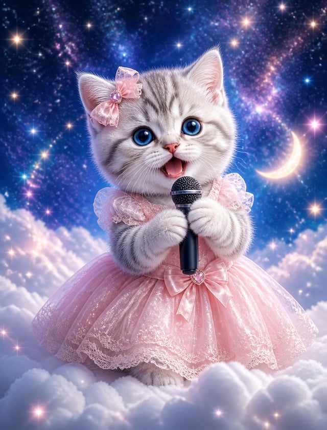 A dreamy, romantic scene of a young silver tabby British Shorthair kitten sitting on a soft white cl