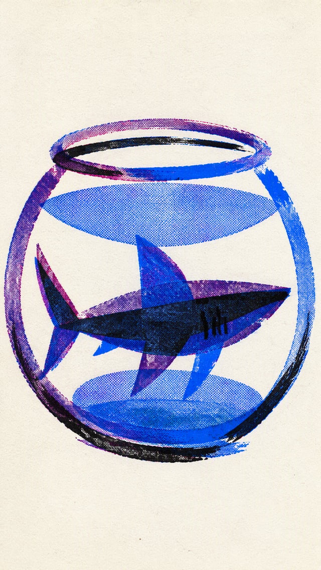 Risograph print, vertical composition. A single minimalist shark swimming within a small glass bowl.