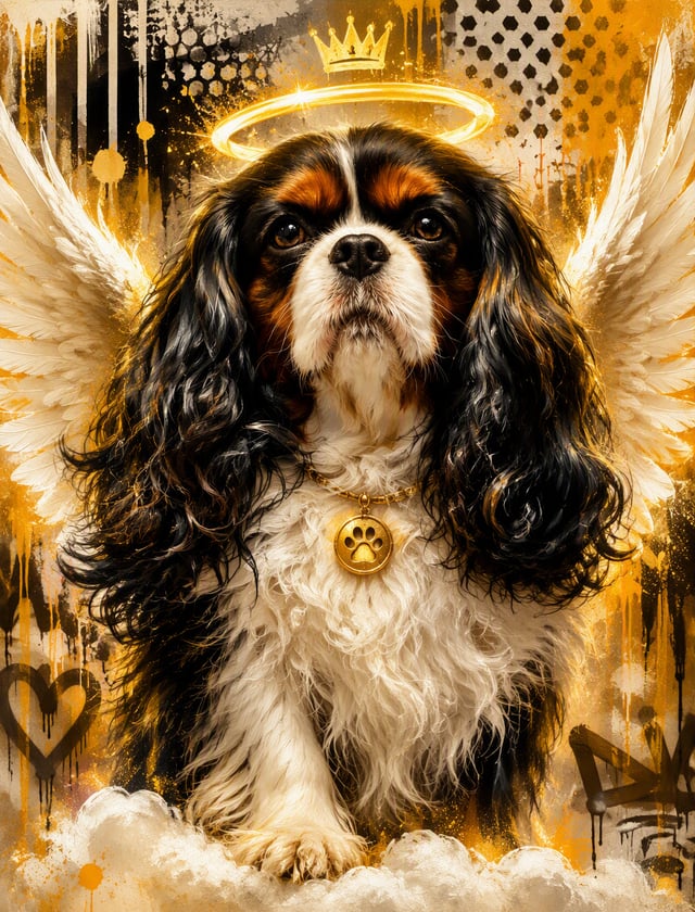 A captivating, high-resolution digital painting featuring an angelic figure dog from photo with wing