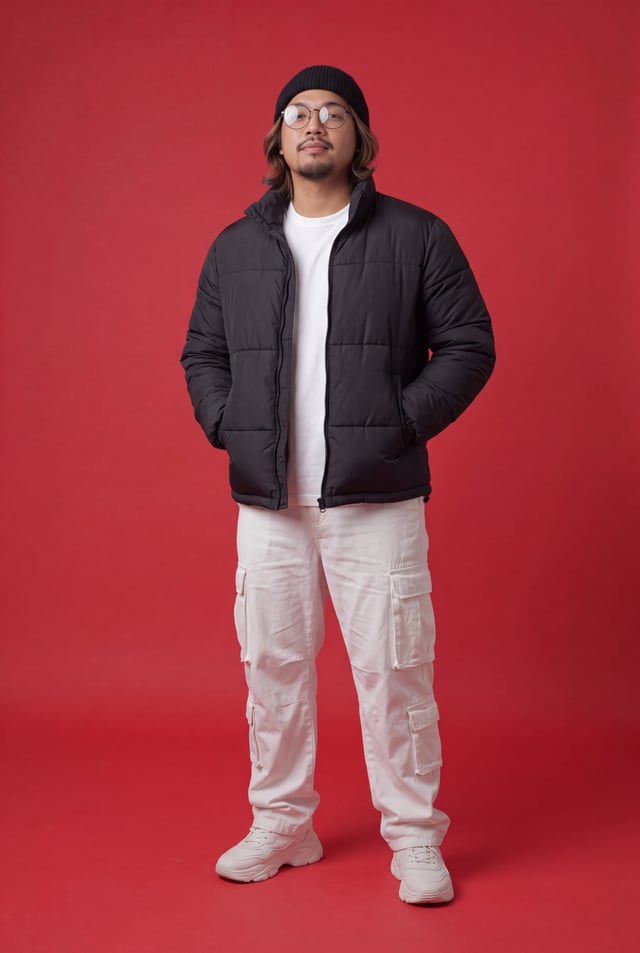 Ultra-realistic full-body studio fashion portrait of a stylish young man standing confidently, looki