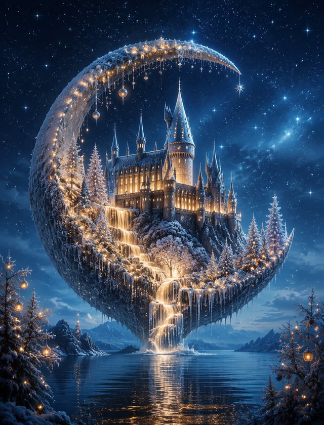 A surreal, fantasy digital painting depicting a glowing, ethereal Hogwarts Castle, set inside a gian