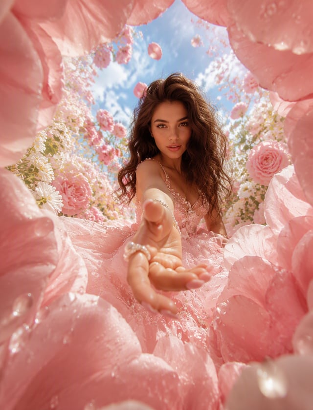 Ultra-photorealistic high-fashion editorial photograph in a dreamy romantic pink floral aesthetic, v