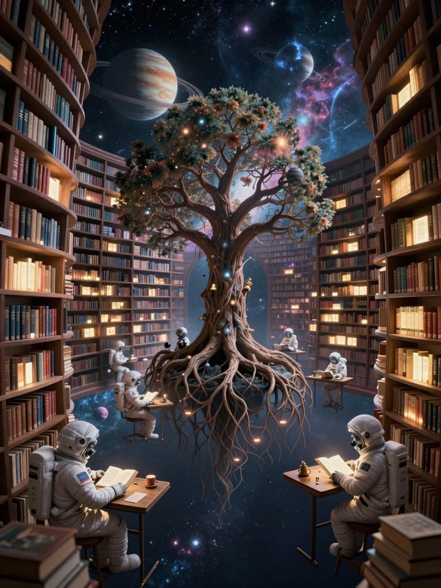 A vast library floating in space, where each book glows faintly with the knowledge of an entire civi