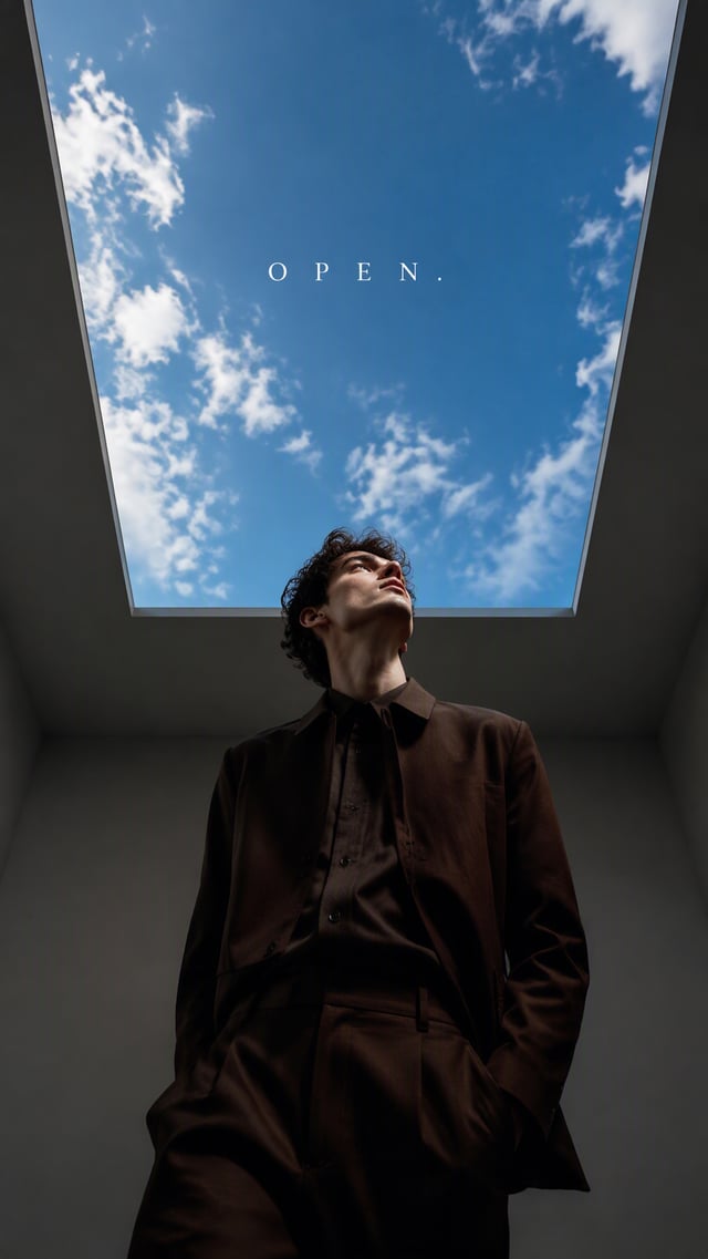Create a premium 9:16 conceptual portrait.Main Subject: Young male model wearing a dark brown outfit