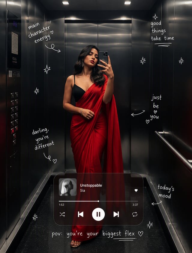 A confident young woman photographs herself in a mirrored elevator, wearing a vivid draped red sari 