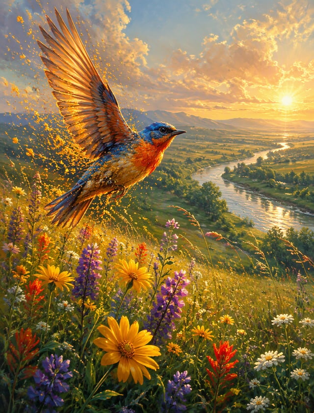 A stunning painterly digital art piece depicting a radiant bird taking flight amidst a vast, sun-dre