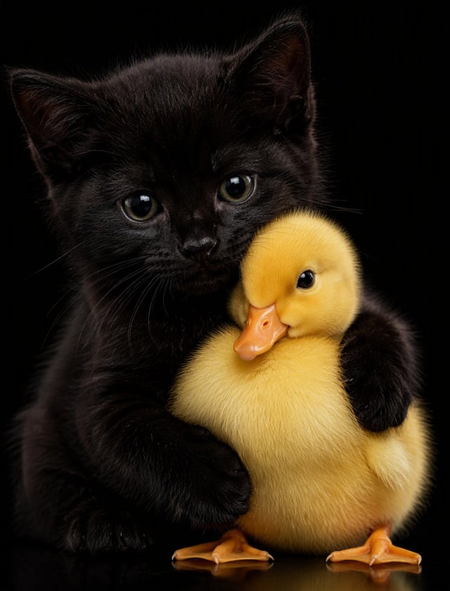 Hyper-realistic rendered, hyper-realistic digital illustration of an adorable black kitten with big,