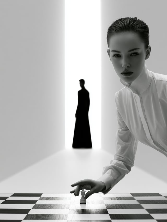 A contemplative woman in a crisp white high-collar shirt sits in the foreground, poised to move a mi