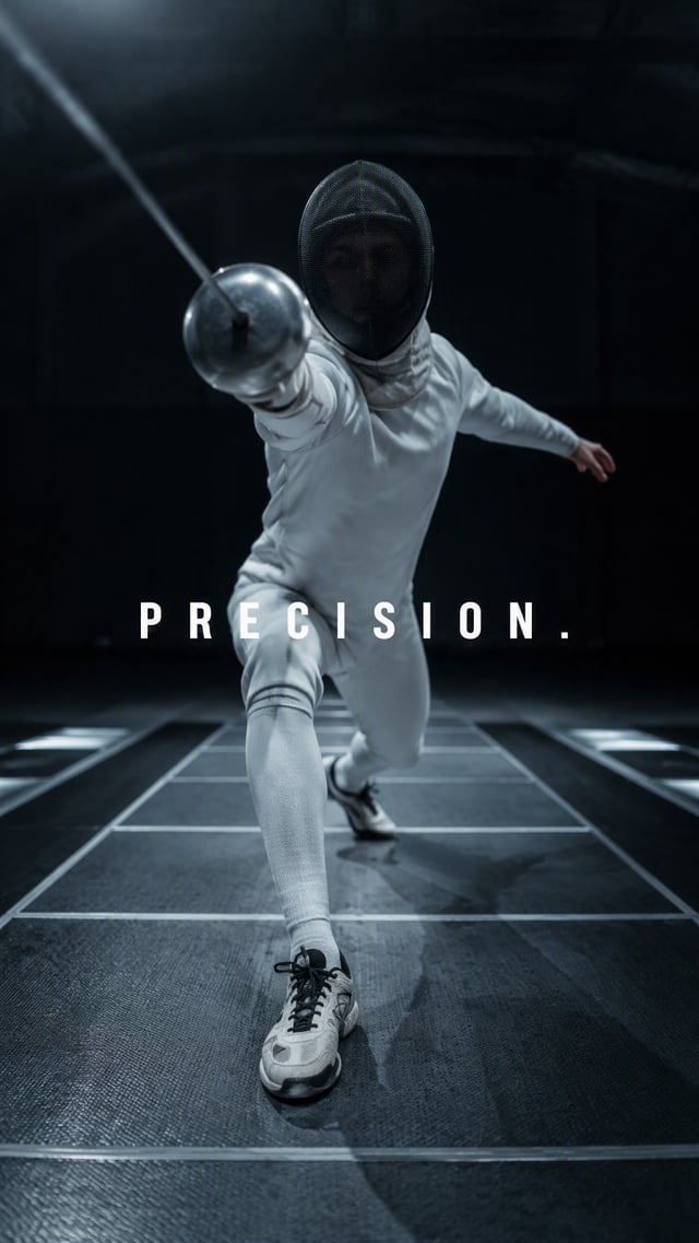 Create a premium 9:16 sports editorial poster.Main Subject: Young male fencer wearing a modern white