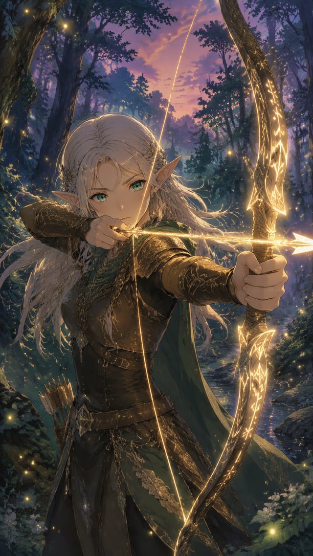Prompt: A young elven archer with silver hair and emerald eyes, dressed in ornate leather armor with