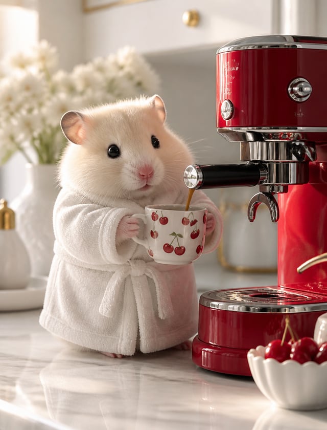 A fluffy, adorable hamster with cream-colored fur and shiny black eyes, wearing a perfectly tailored